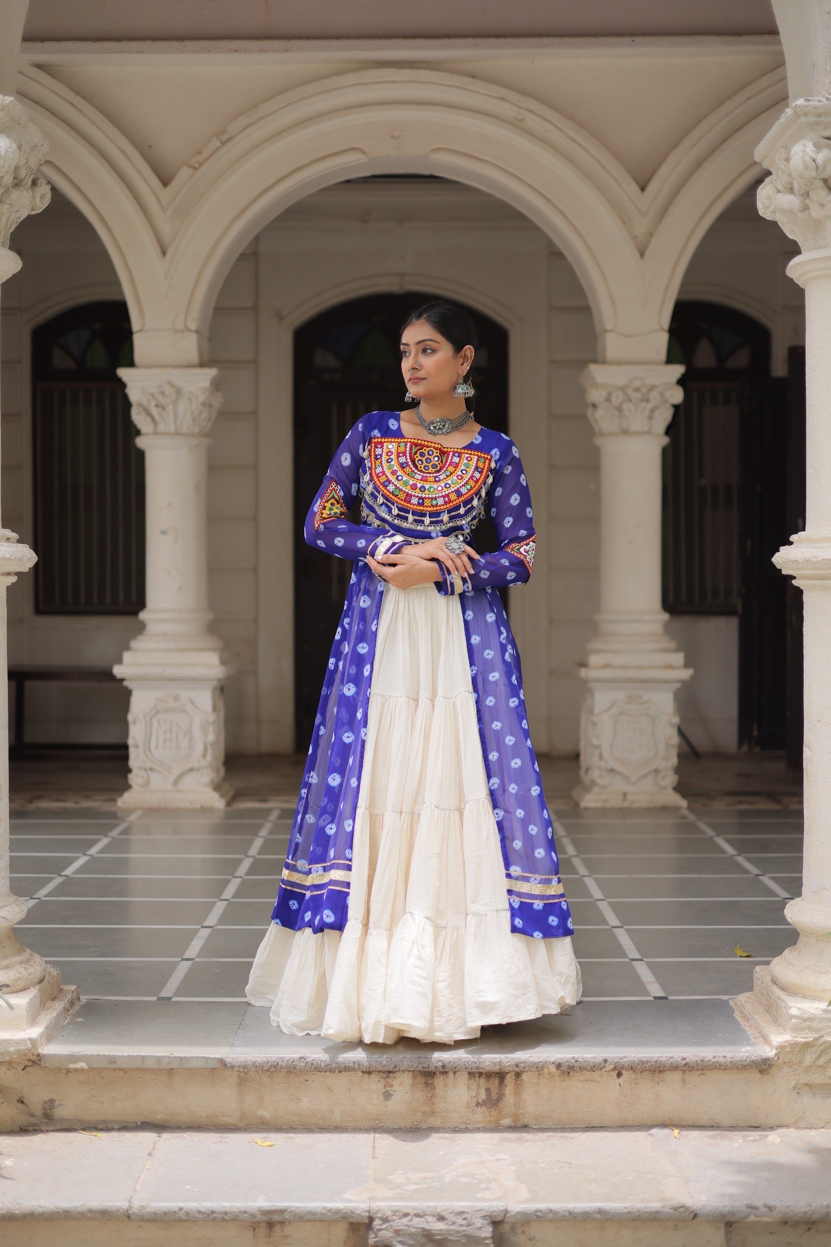 Prazu Fashion Blue Georgette Bandhani Print With Kutchi Patchwork Navratri Lehenga Kurti