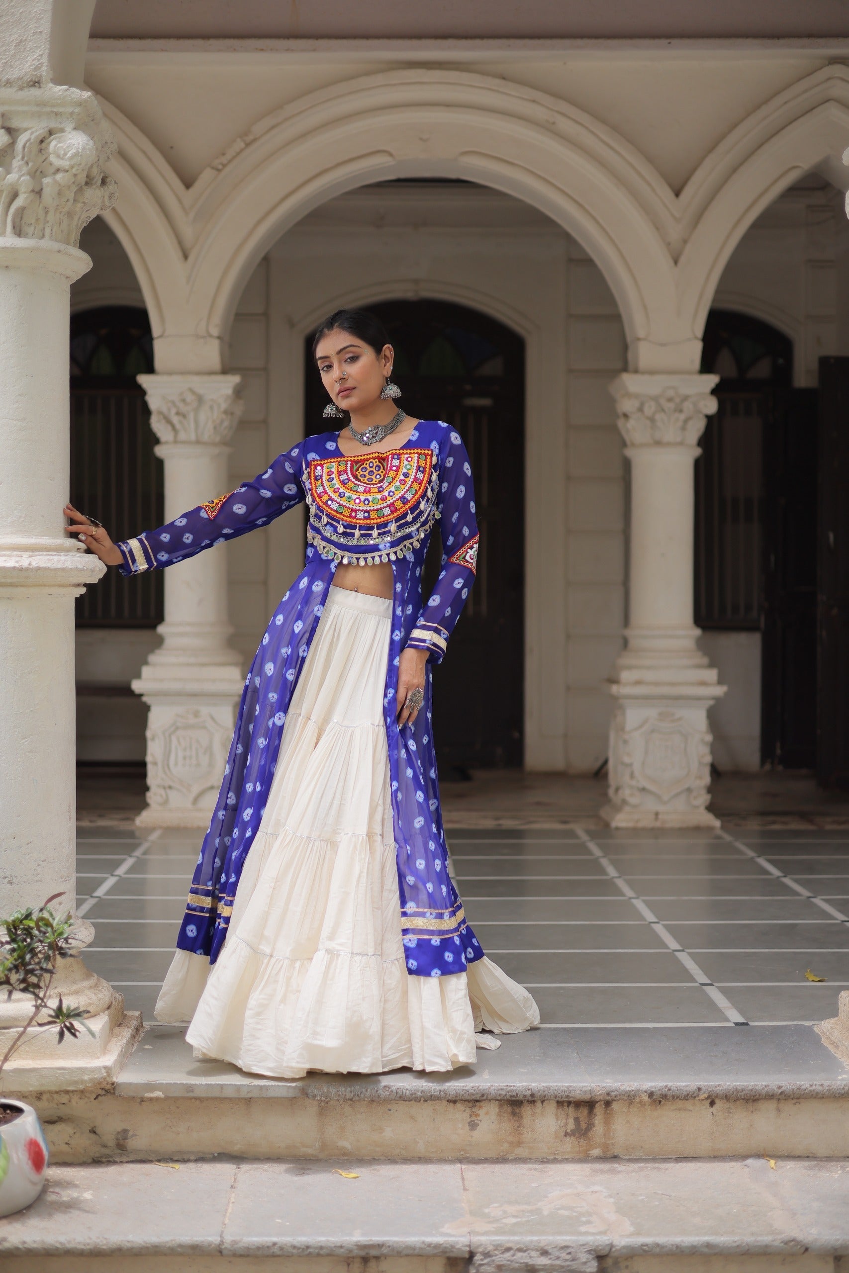 Prazu Fashion Blue Georgette Bandhani Print With Kutchi Patchwork Navratri Lehenga Kurti