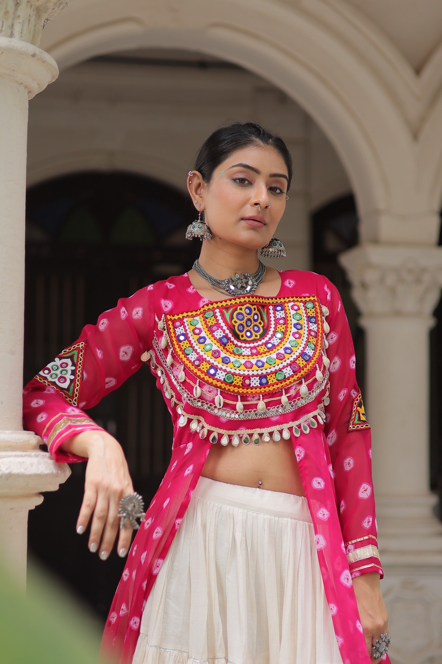 Prazu Fashion Pink Georgette Bandhani Print With Kutchi Patchwork Navratri Lehenga Kurti