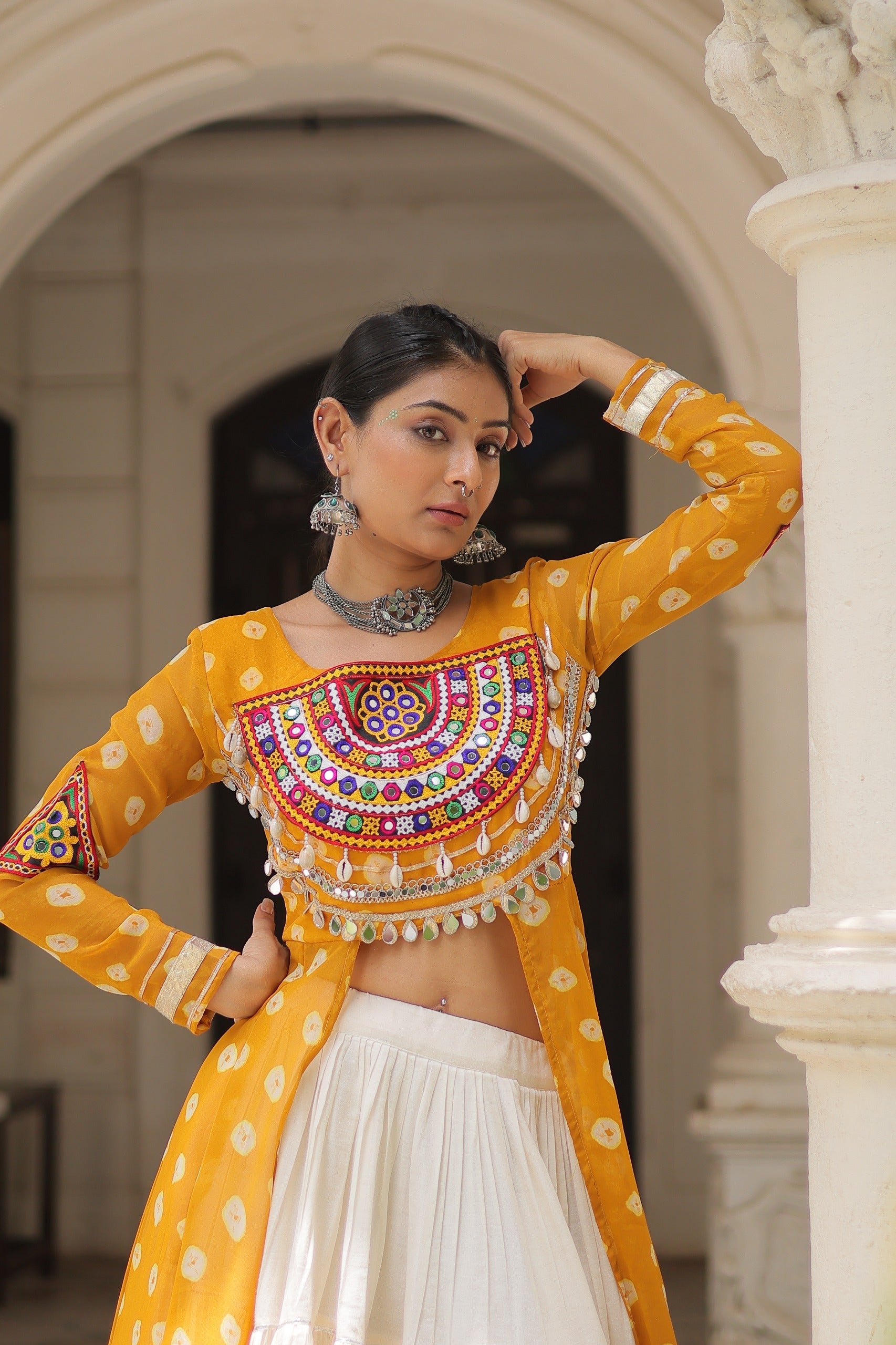 Prazu Fashion Yellow Georgette Bandhani Print With Kutchi Patchwork Navratri Lehenga Kurti
