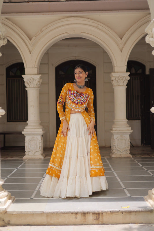 Prazu Fashion Yellow Georgette Bandhani Print With Kutchi Patchwork Navratri Lehenga Kurti