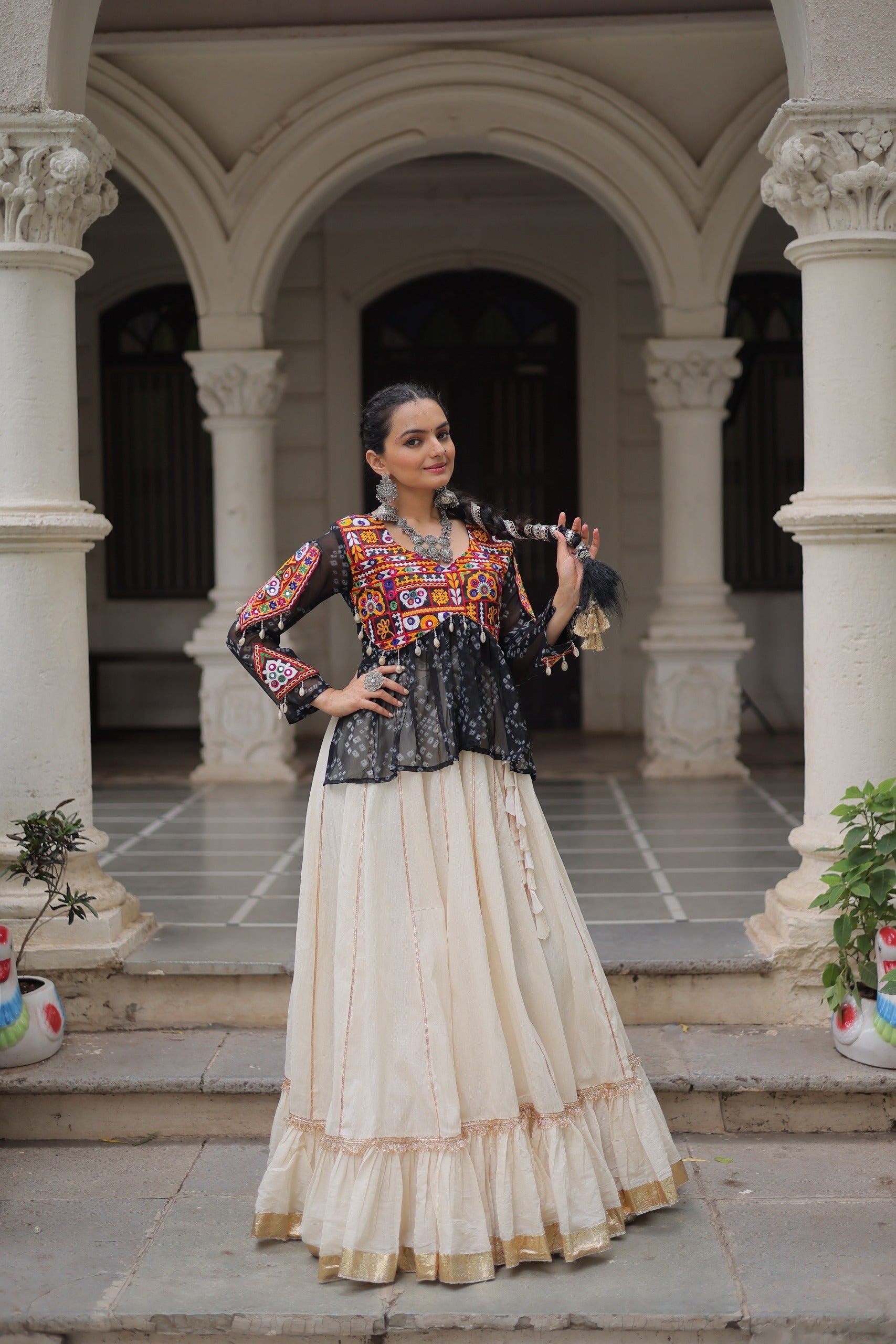 Prazu Fashion Black Georgette Bandhani Print With Kutchi Gamthi Navratri Lehenga