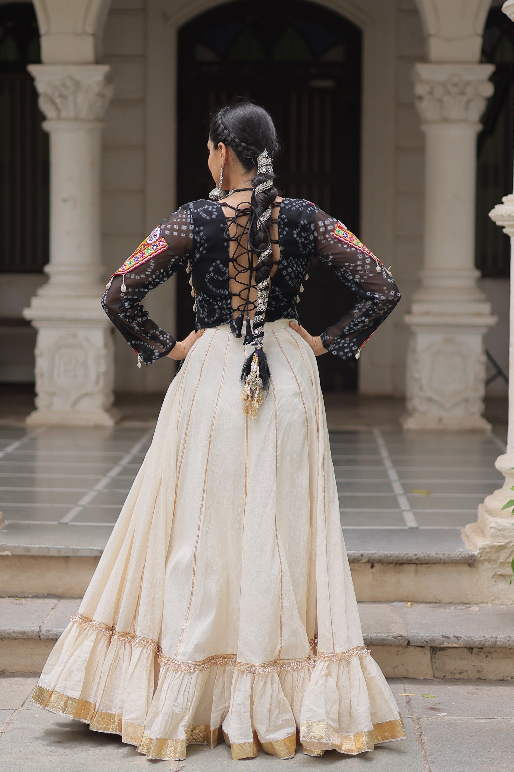 Prazu Fashion Black Georgette Bandhani Print With Kutchi Gamthi Navratri Lehenga