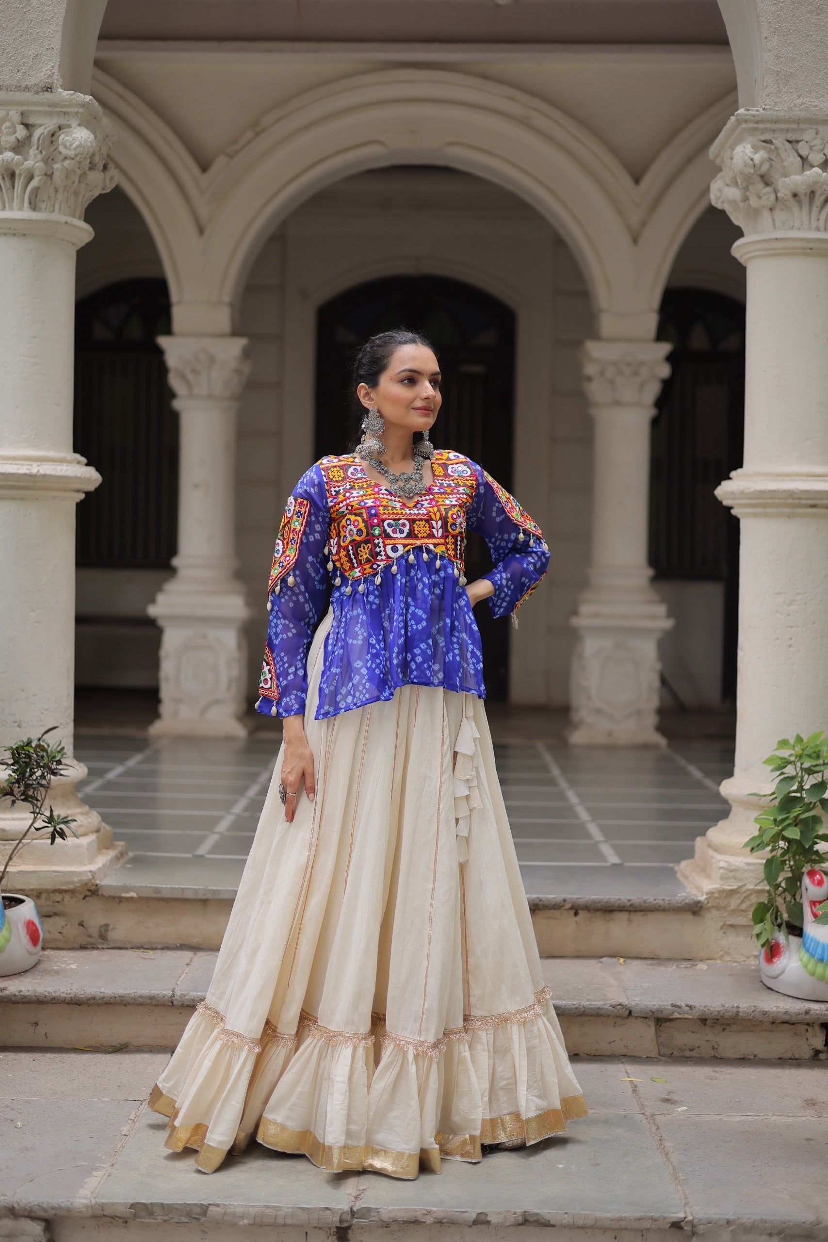 Prazu Fashion Blue Georgette Bandhani Print With Kutchi Gamthi Navratri Lehenga