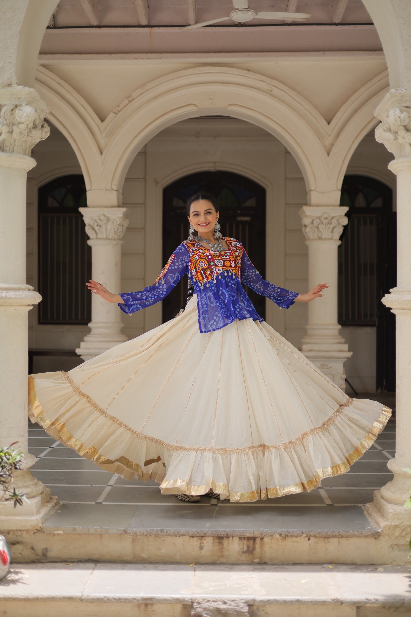 Prazu Fashion Blue Georgette Bandhani Print With Kutchi Gamthi Navratri Lehenga