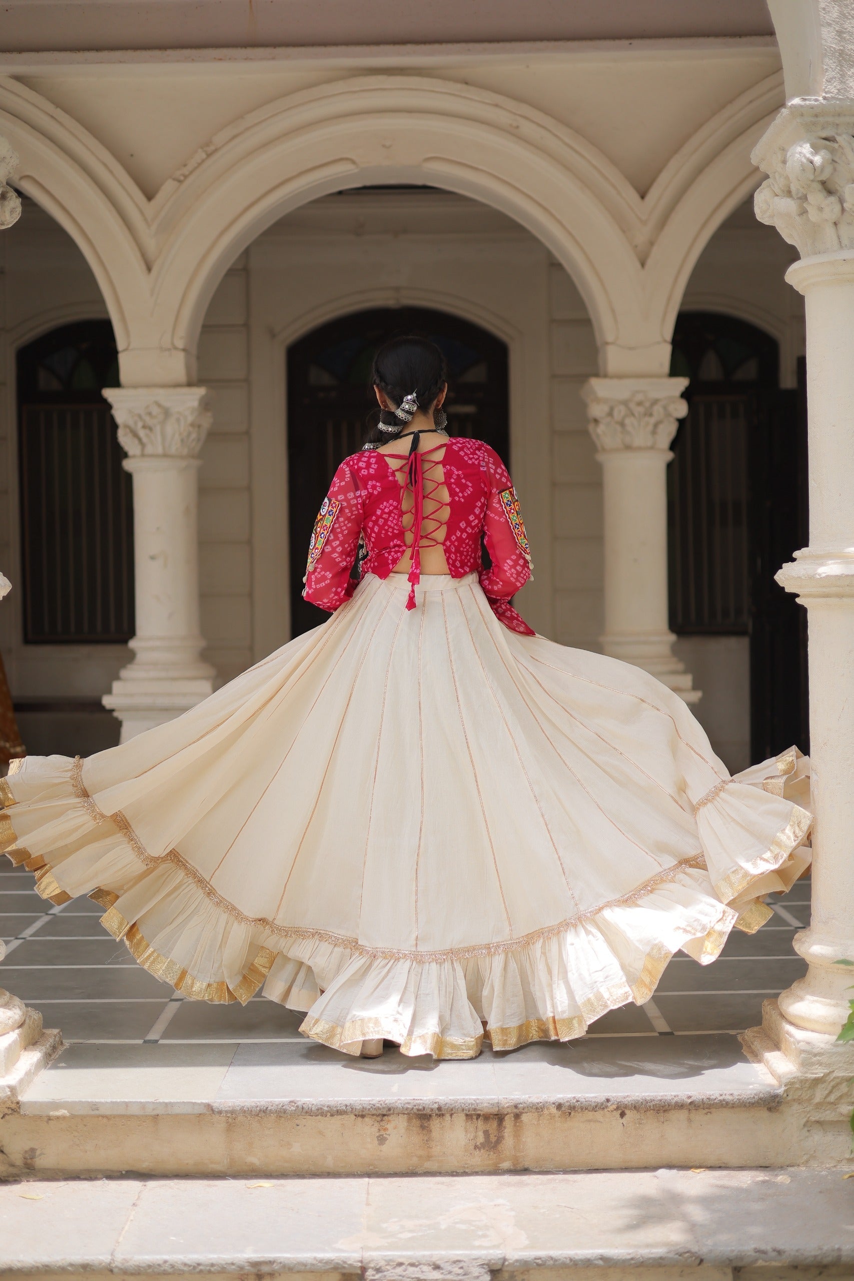 Prazu Fashion Pink Georgette Bandhani Print With Kutchi Gamthi Navratri Lehenga