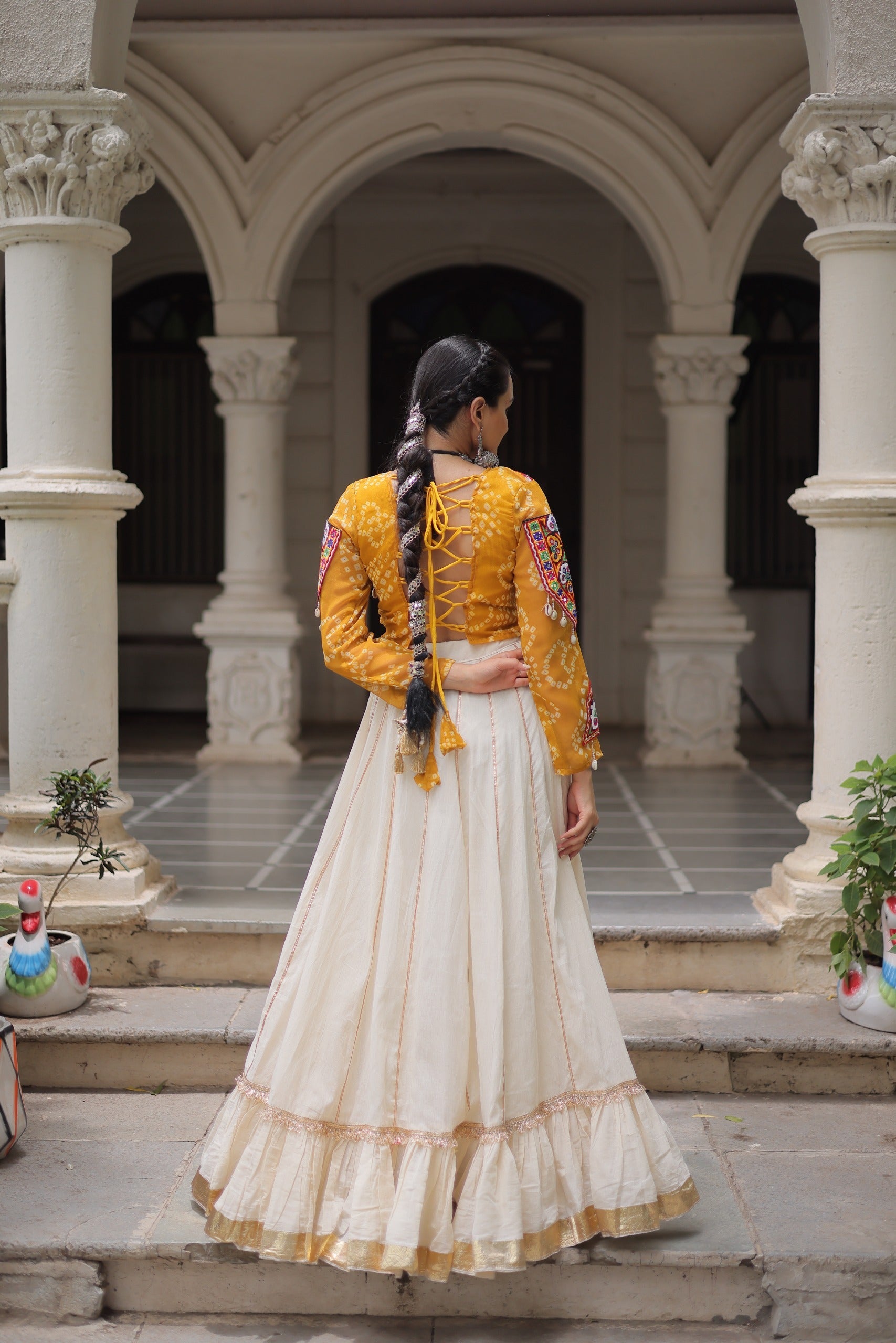 Prazu Fashion Yellow Georgette Bandhani Print With Kutchi Gamthi Navratri Lehenga
