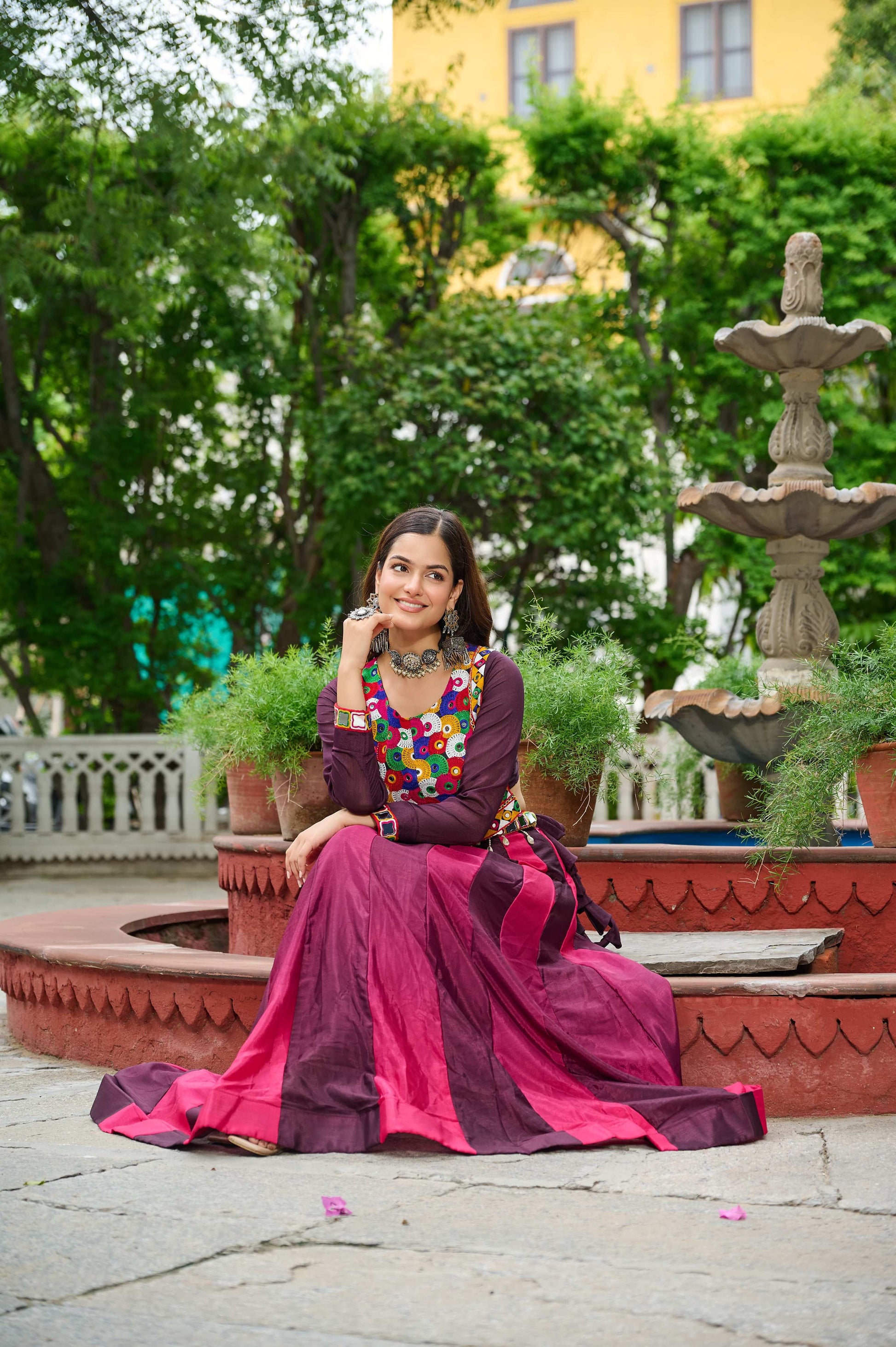 Prazu Fashion Multicolor Chinnon Pedding Kutchi Gamthi Embroidered Work Navratri Lehenga
