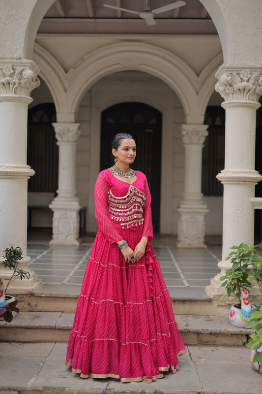 Prazu Fashion Pink Georgette Leheriya Print Work With Mirror Lace Navratri Lehenga