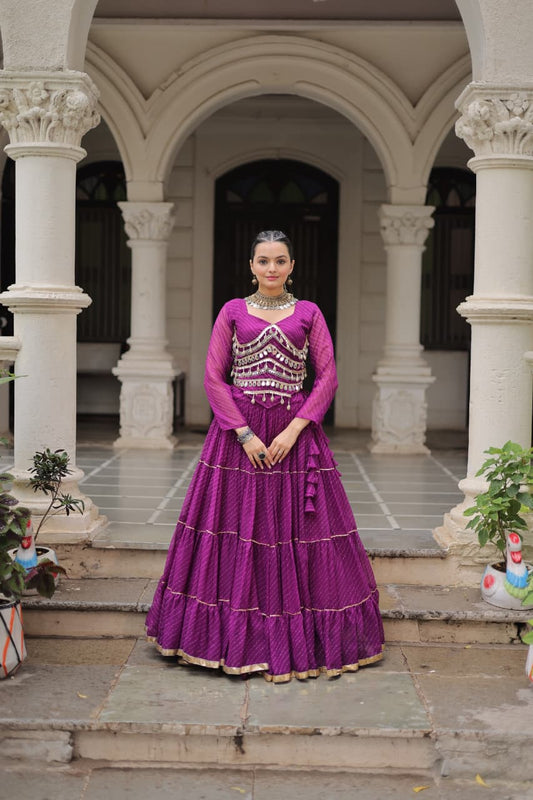 Prazu Fashion Purple Georgette Leheriya Print Work With Mirror Lace Navratri Lehenga