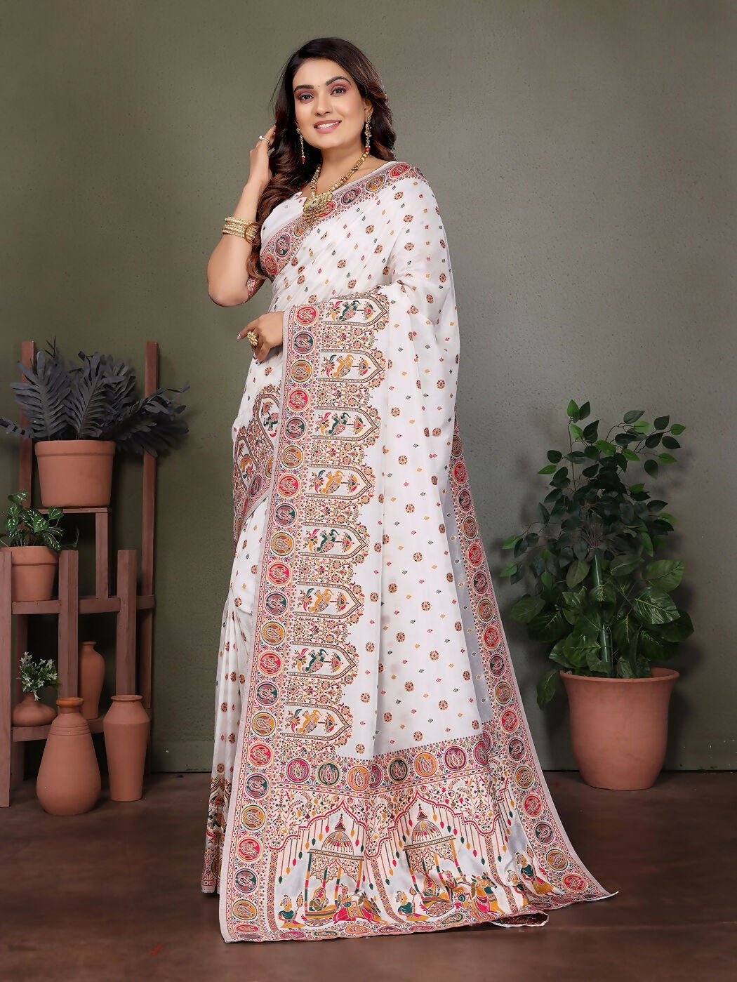 Joban Fashion White Thread Woven Pashmina Sarees
