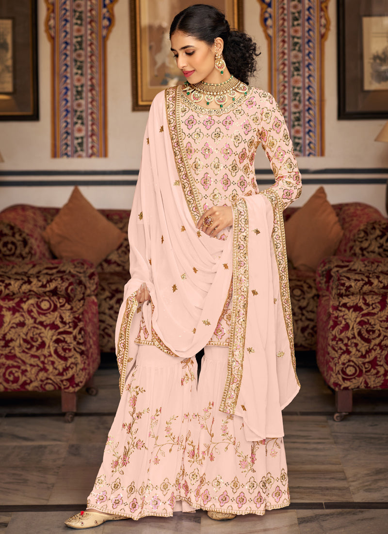 Vegaa Fashion Light Peach Georgette Ebroidered Designer Sharara Suit  Grab2Buy Vegaa Fashion Grab2Buy