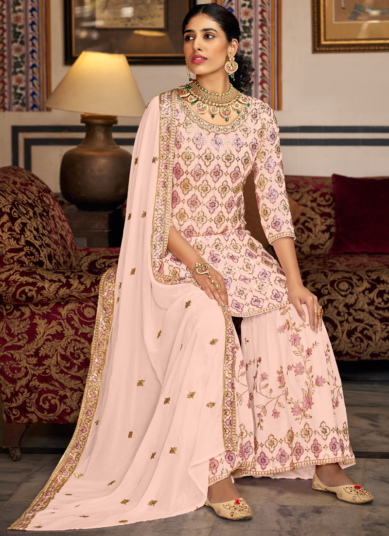 Vegaa Fashion Light Peach Georgette Ebroidered Designer Sharara Suit  Grab2Buy Vegaa Fashion Grab2Buy