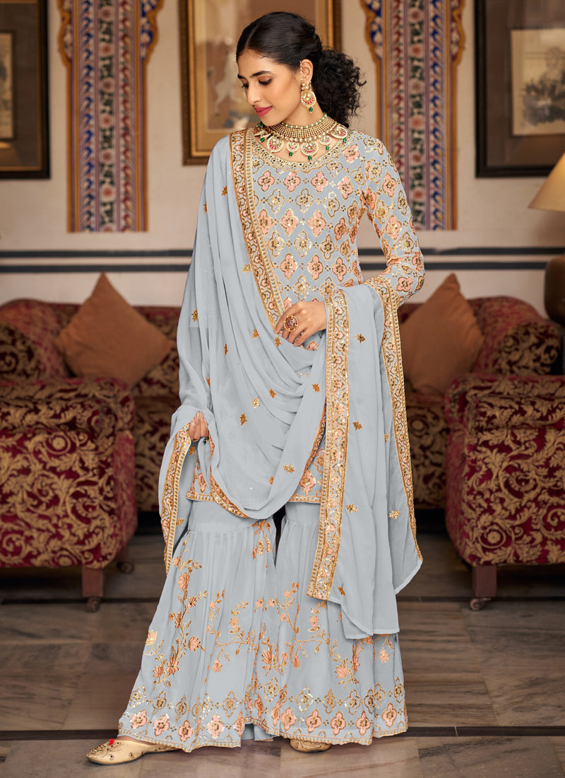 Vegaa Fashion Light Grey Georgette Ebroidered Designer Sharara Suit  Grab2Buy Vegaa Fashion Grab2Buy