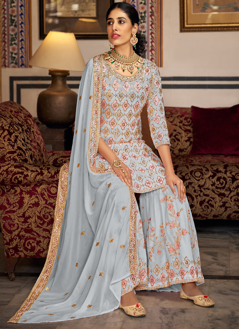 Vegaa Fashion Light Grey Georgette Ebroidered Designer Sharara Suit  Grab2Buy Vegaa Fashion Grab2Buy