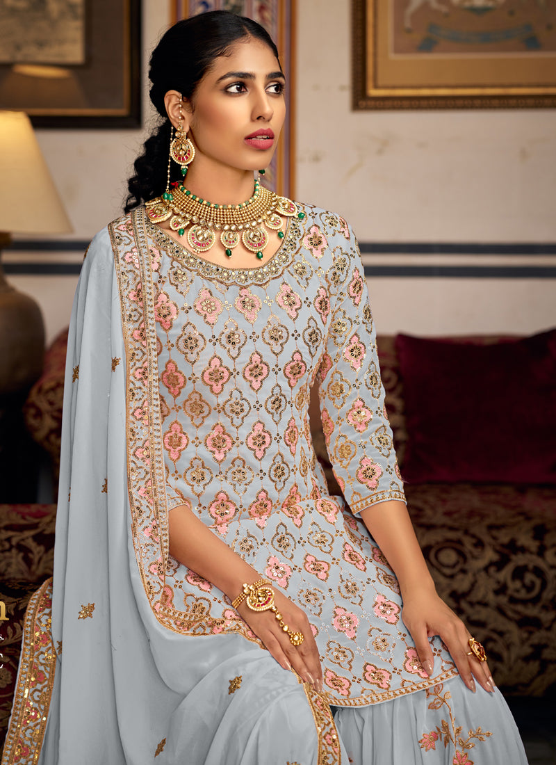 Vegaa Fashion Light Grey Georgette Ebroidered Designer Sharara Suit  Grab2Buy Vegaa Fashion Grab2Buy