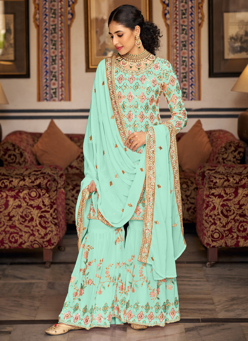 Vegaa Fashion Bottel Green Georgette Ebroidered Designer Sharara Suit  Grab2Buy Vegaa Fashion Grab2Buy