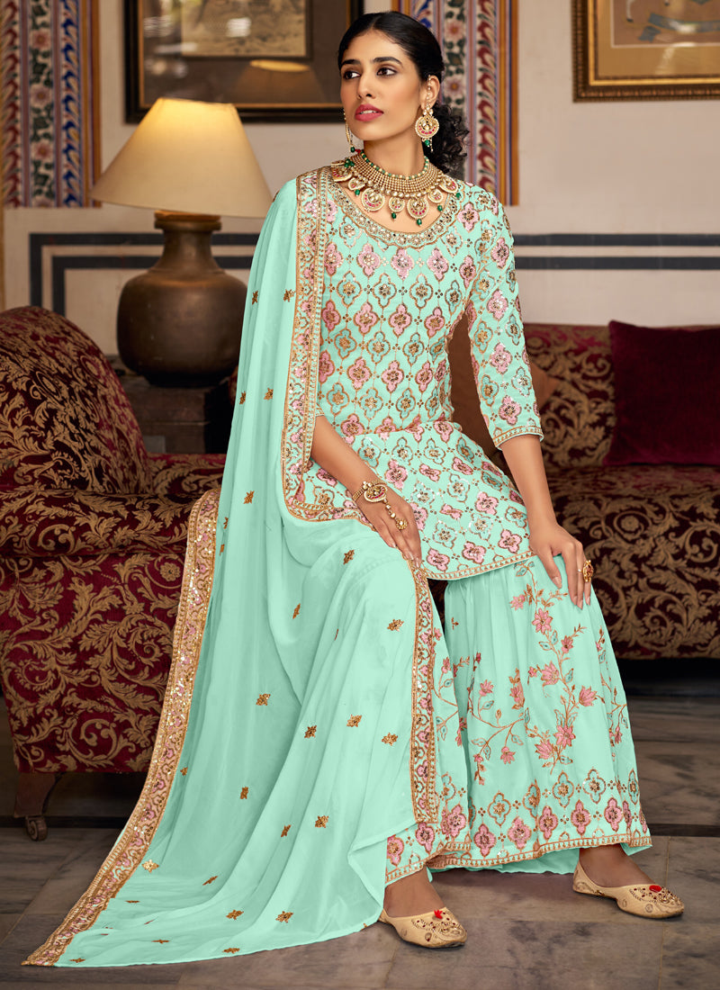 Vegaa Fashion Bottel Green Georgette Ebroidered Designer Sharara Suit  Grab2Buy Vegaa Fashion Grab2Buy