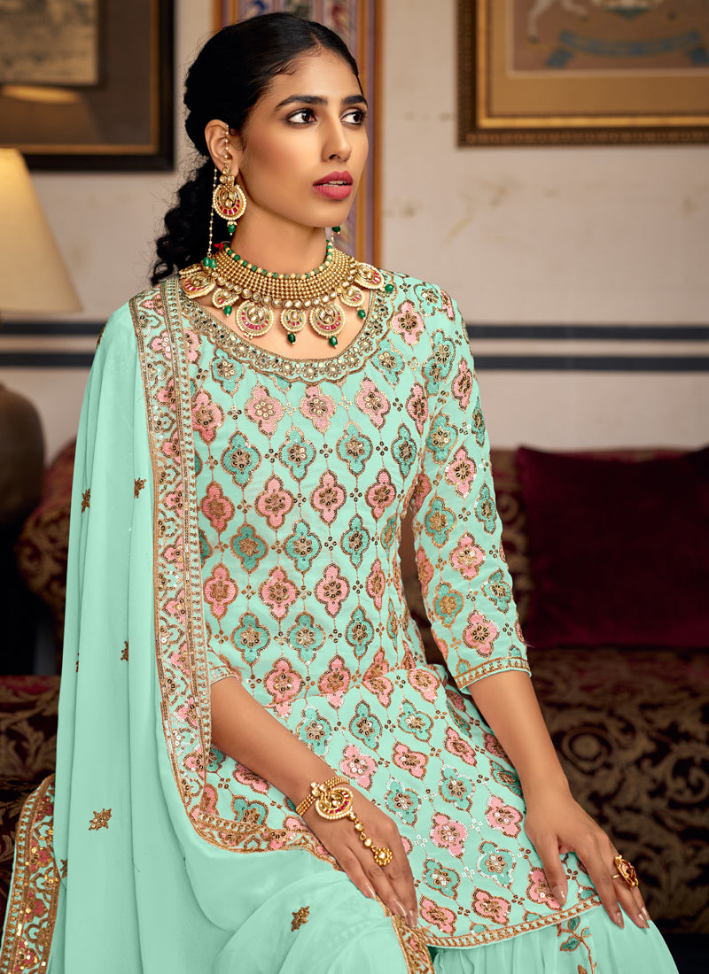 Vegaa Fashion Bottel Green Georgette Ebroidered Designer Sharara Suit  Grab2Buy Vegaa Fashion Grab2Buy