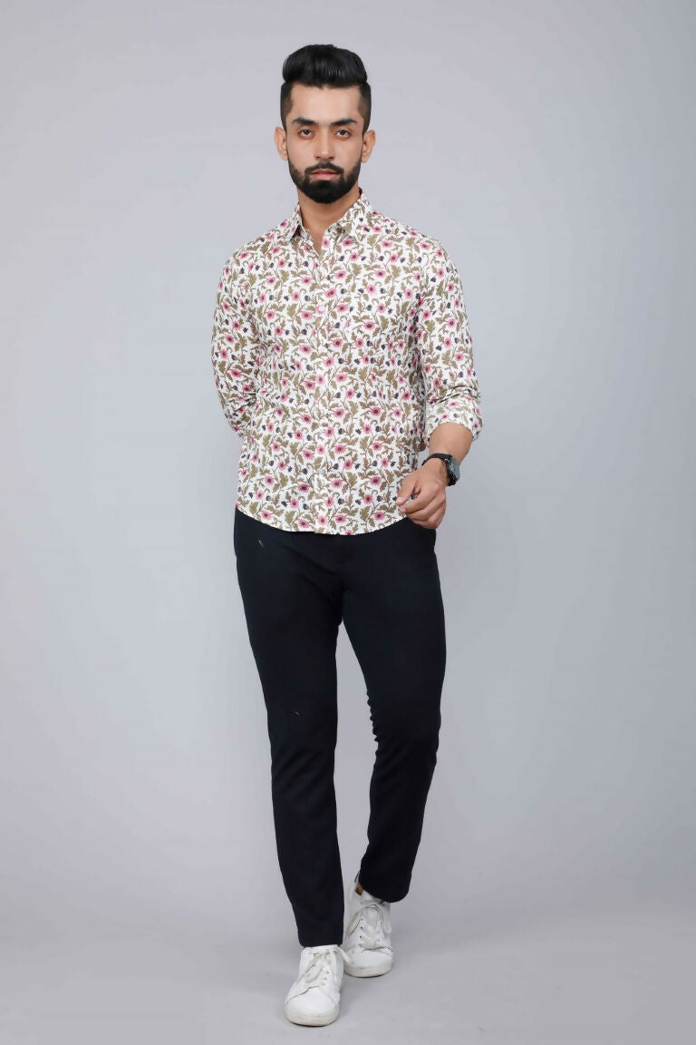 Miravan Men's Cotton Printed Full Sleeve Slim Fit Spread Neck White & Pink Colour Shirt 