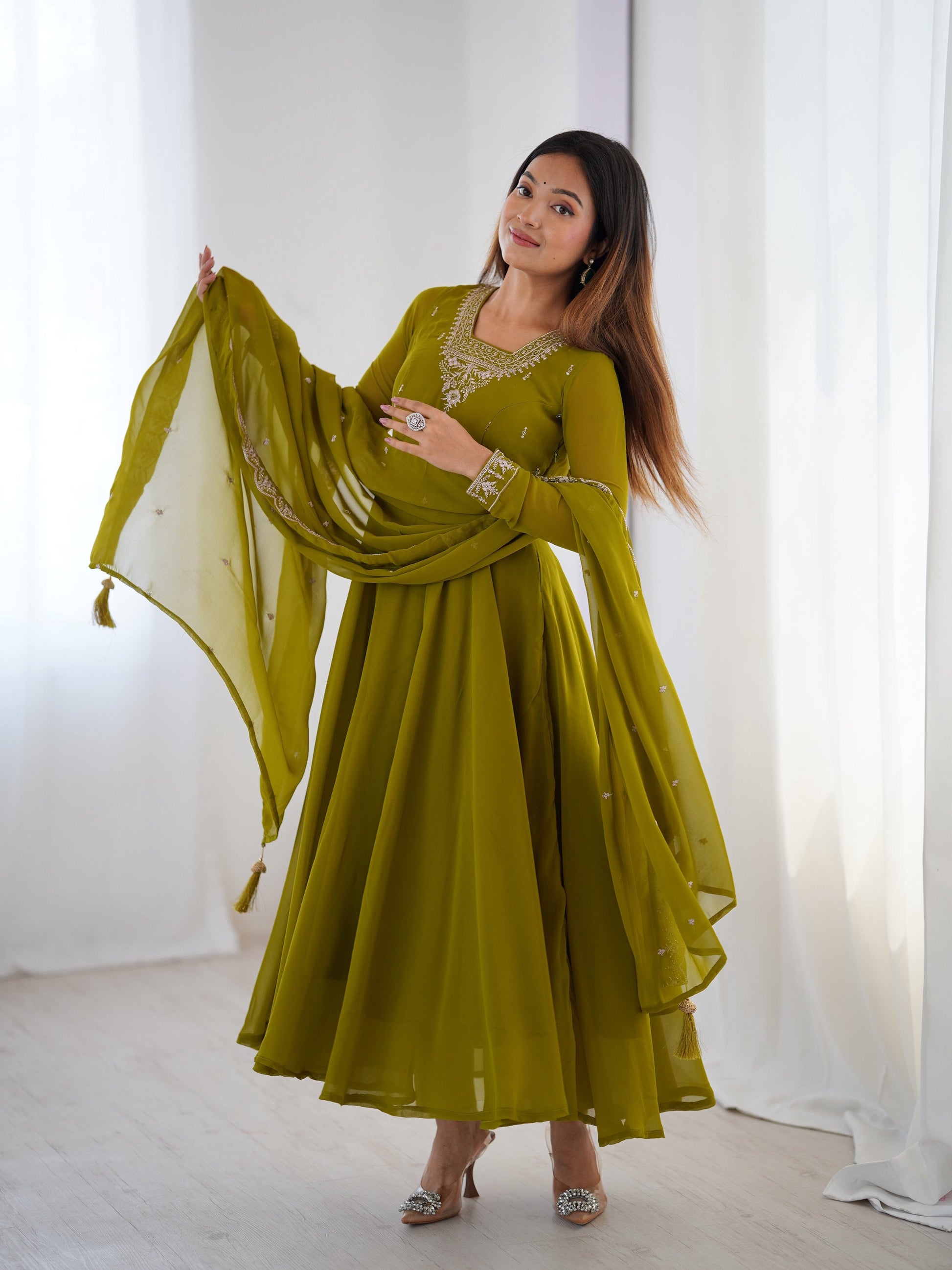 Lehenga Mart Designer Anarkali Suit for Women or Girls - Mahendi Green
