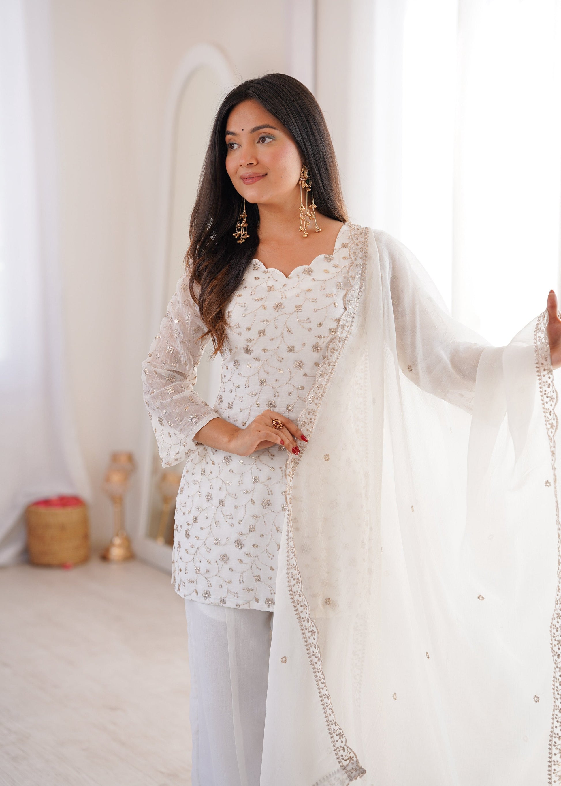 Lehenga Mart Designer Suit With Kurta Palazzo Dupatta For Women-Off-White