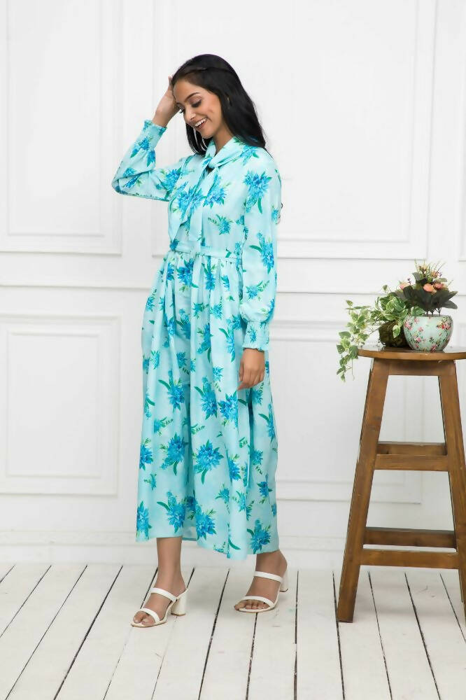 Myshka Women Blue Floral Rayon A-Line Shirt Collar Dress