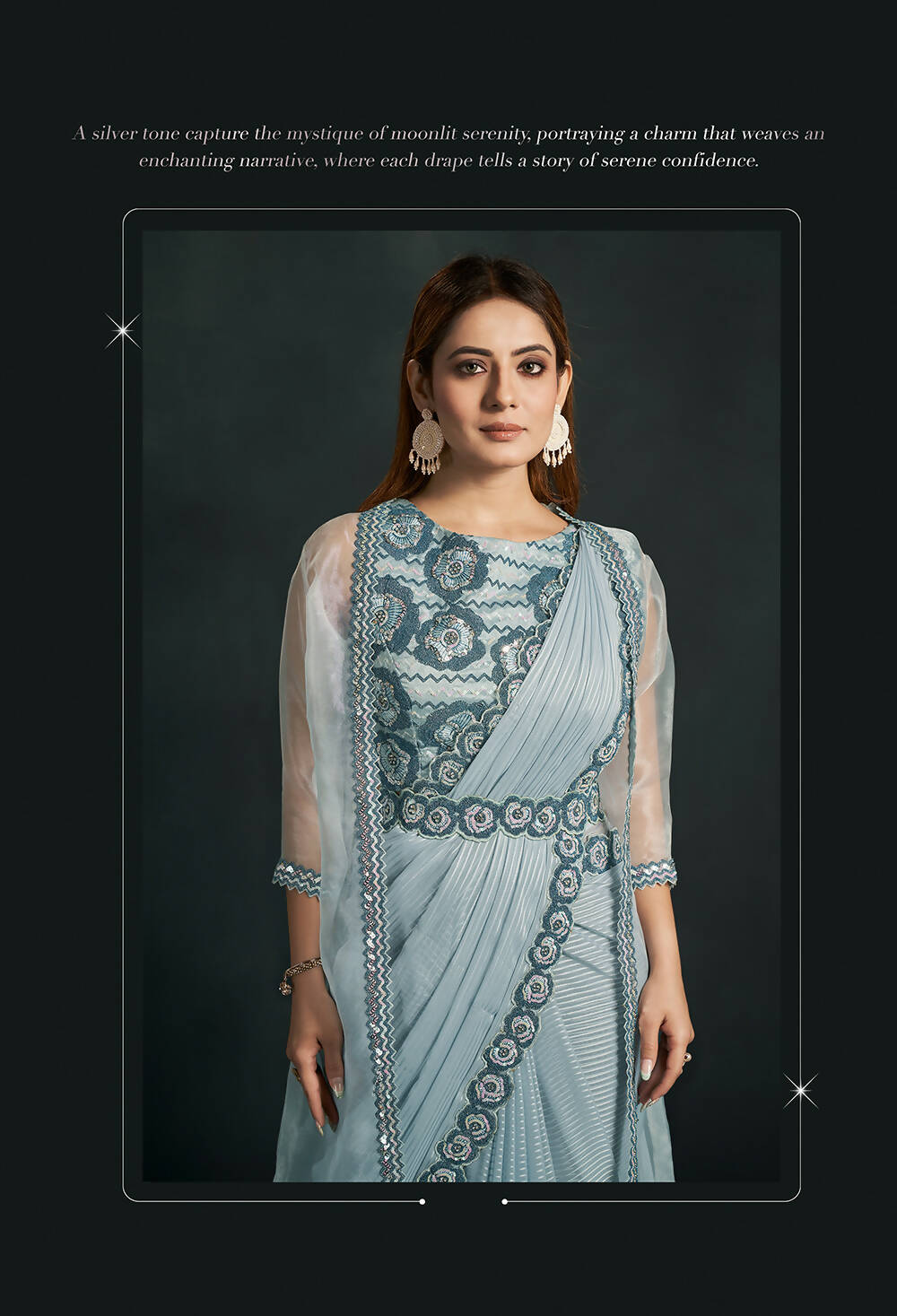 Light Blue Pattern Jari Georgette Cord Sequence & Thread Embroidered & Stone Work Saree - Moh-Manthan Royal Enigma