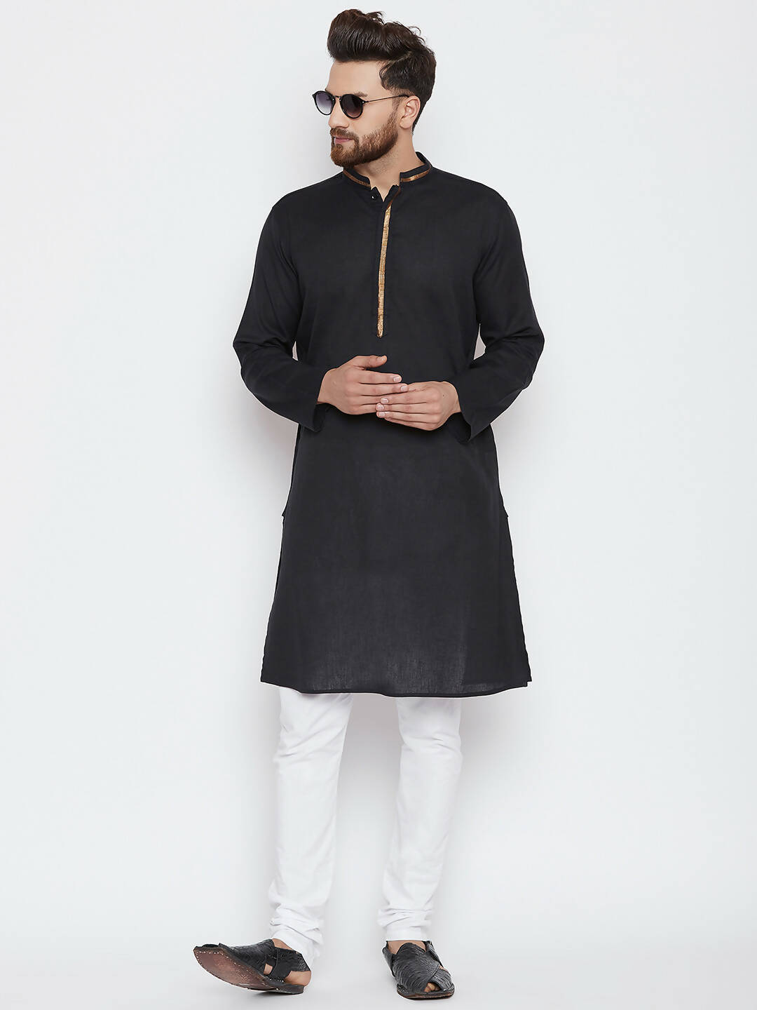 Even Apparels Black Color Pure Cotton Men's Kurta With Band Collar 