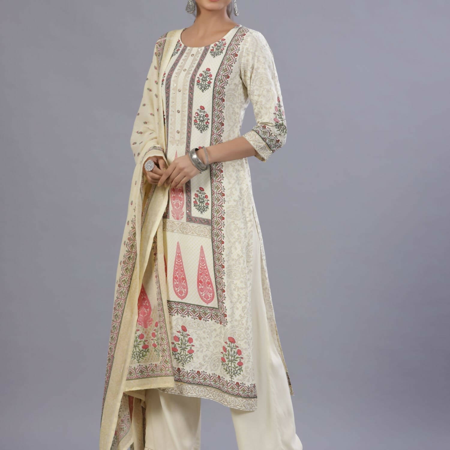 Juniper Women Yellow Rayon Printed Kurta, Pants and Dupatta Set