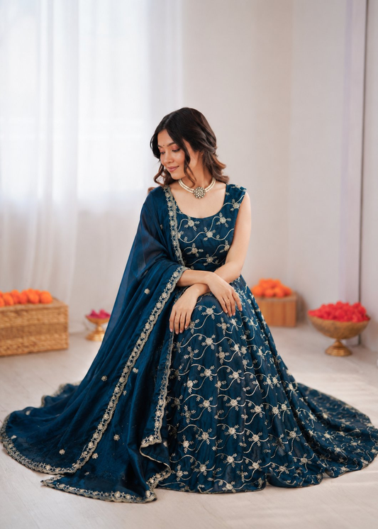 Prazu Fashion Blue Fendy Silk Thread With Sequence Anarkali Suit
