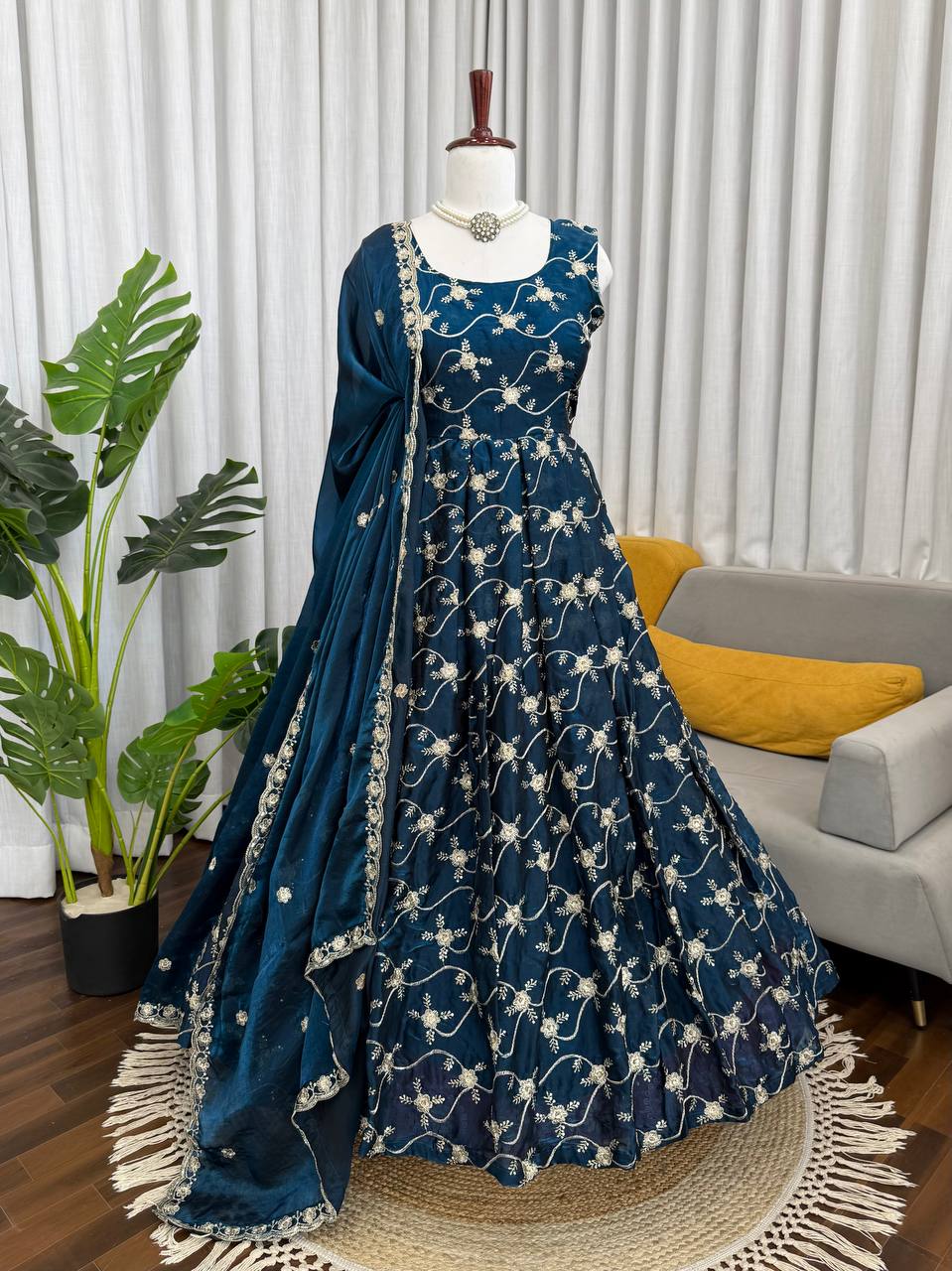 Prazu Fashion Blue Fendy Silk Thread With Sequence Anarkali Suit