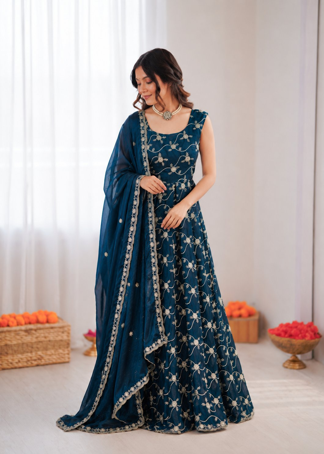 Prazu Fashion Blue Fendy Silk Thread With Sequence Anarkali Suit