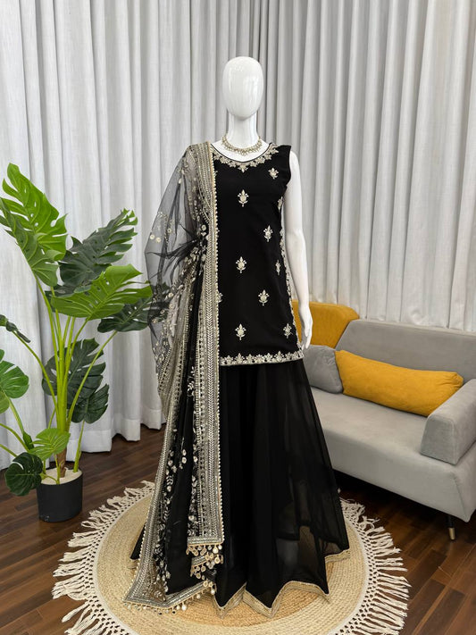 Prazu Fashion Black Georgette Thread With Sequence Designer Palazzo Suit