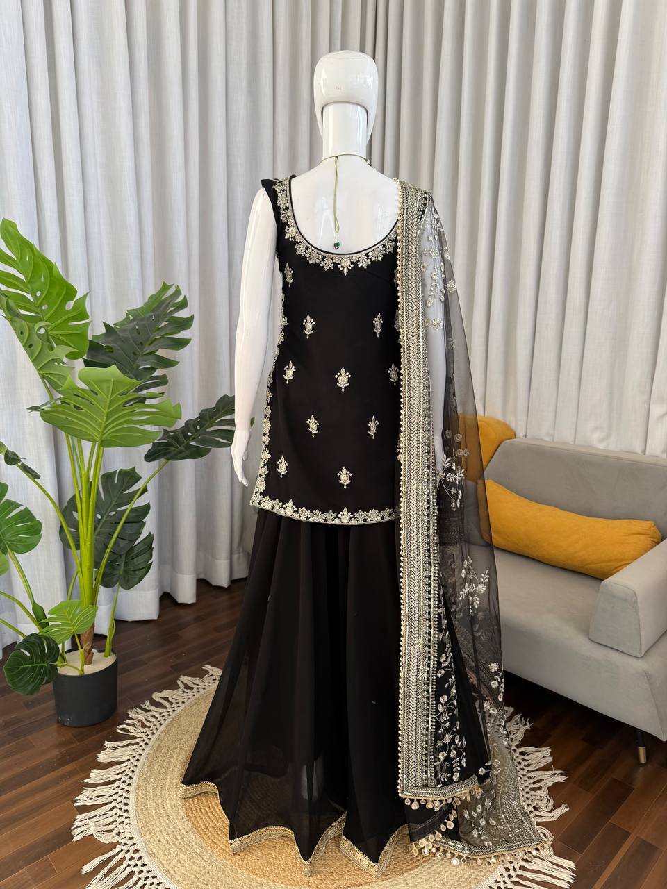 Prazu Fashion Black Georgette Thread With Sequence Designer Palazzo Suit