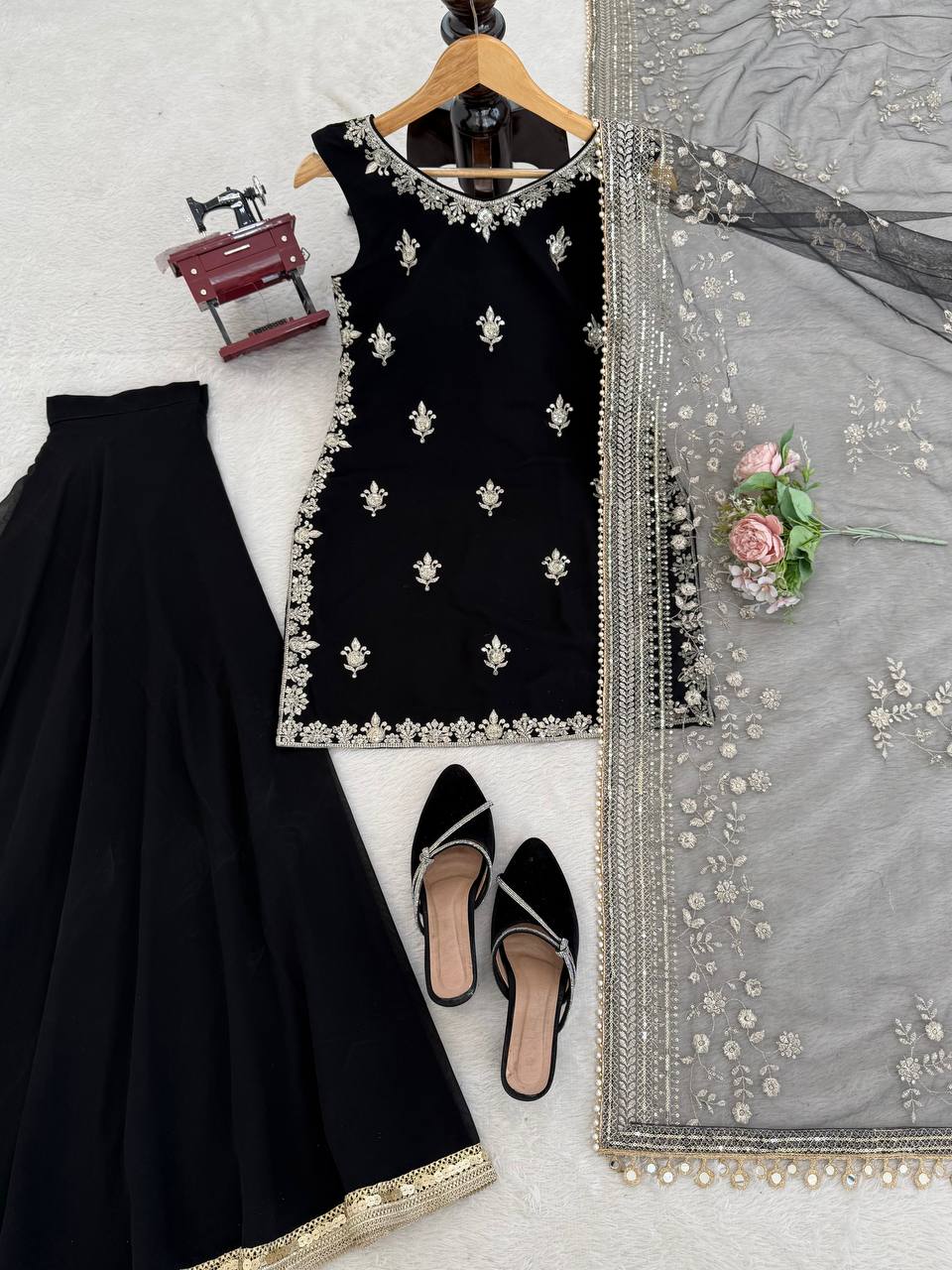 Prazu Fashion Black Georgette Thread With Sequence Designer Palazzo Suit