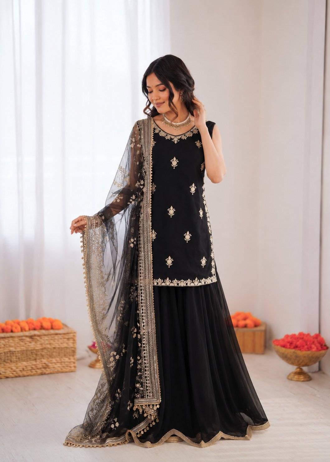 Prazu Fashion Black Georgette Thread With Sequence Designer Palazzo Suit