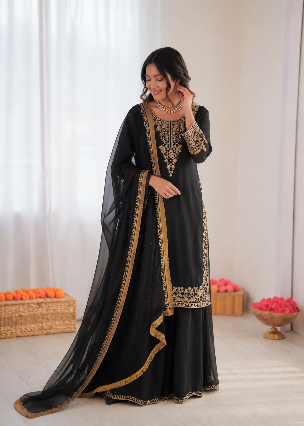 Prazu Fashion Black Georgette Thread With Sequence Designer Palazzo Suit