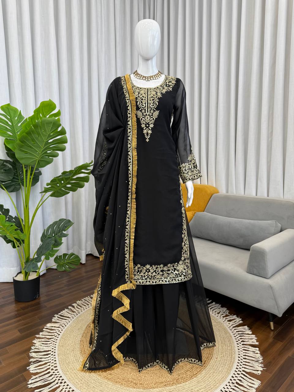 Prazu Fashion Black Georgette Thread With Sequence Designer Palazzo Suit