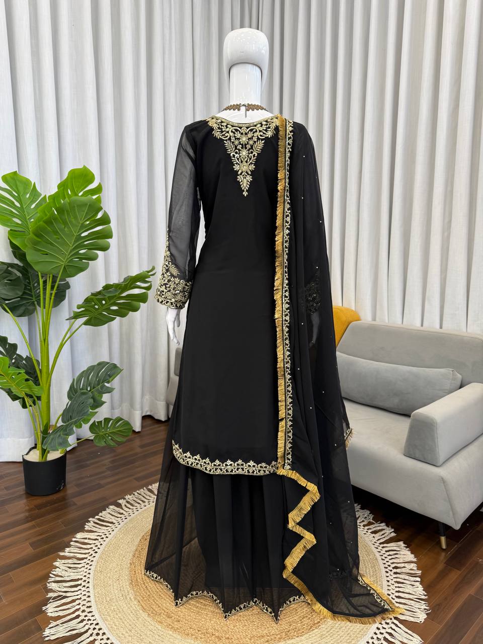 Prazu Fashion Black Georgette Thread With Sequence Designer Palazzo Suit