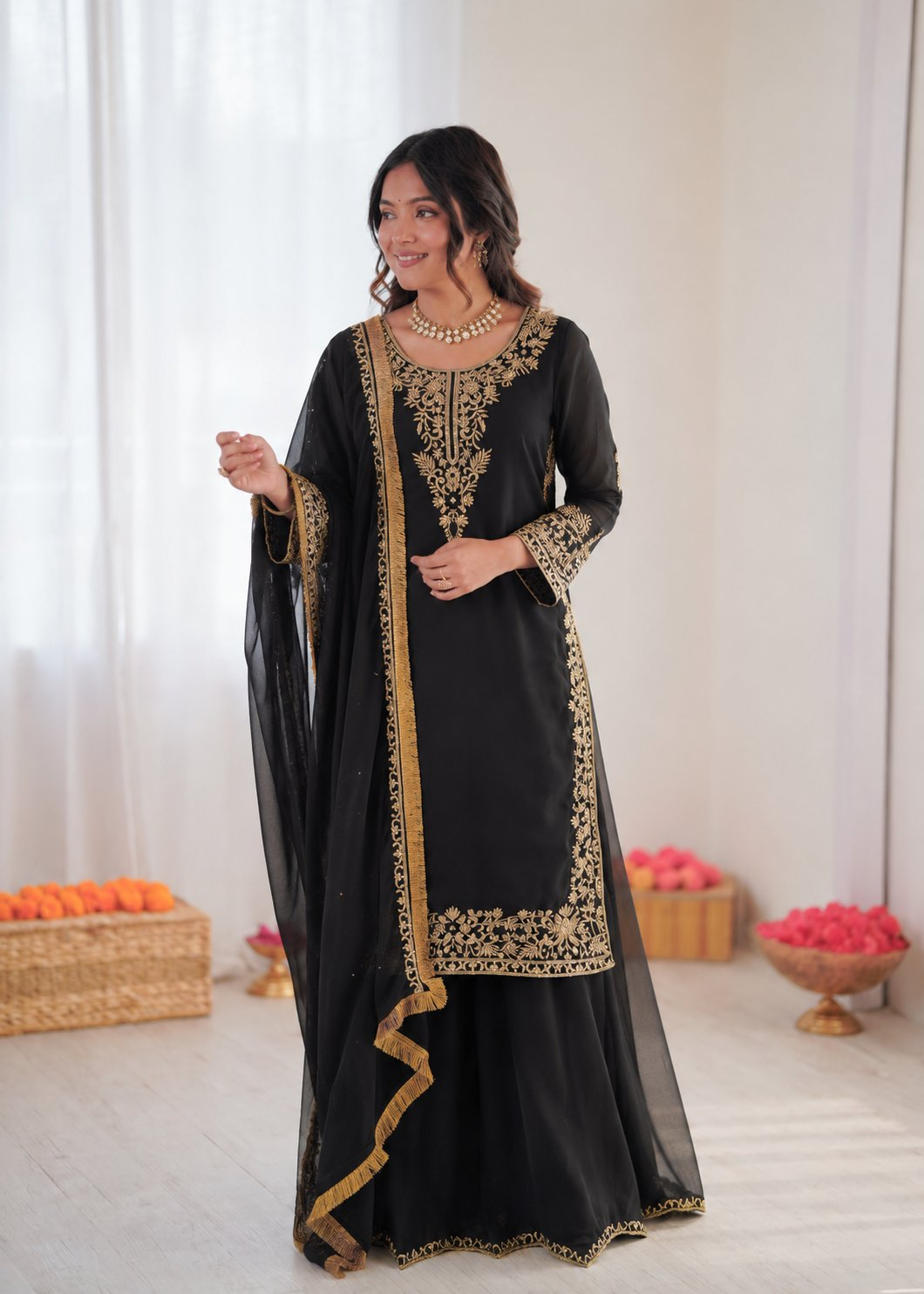 Prazu Fashion Black Georgette Thread With Sequence Designer Palazzo Suit
