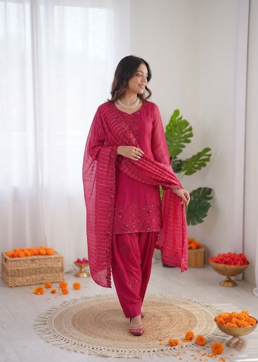 Prazu Fashion Pink Mull Chanderi Thread With Sequence Farshi Palazzo Suit