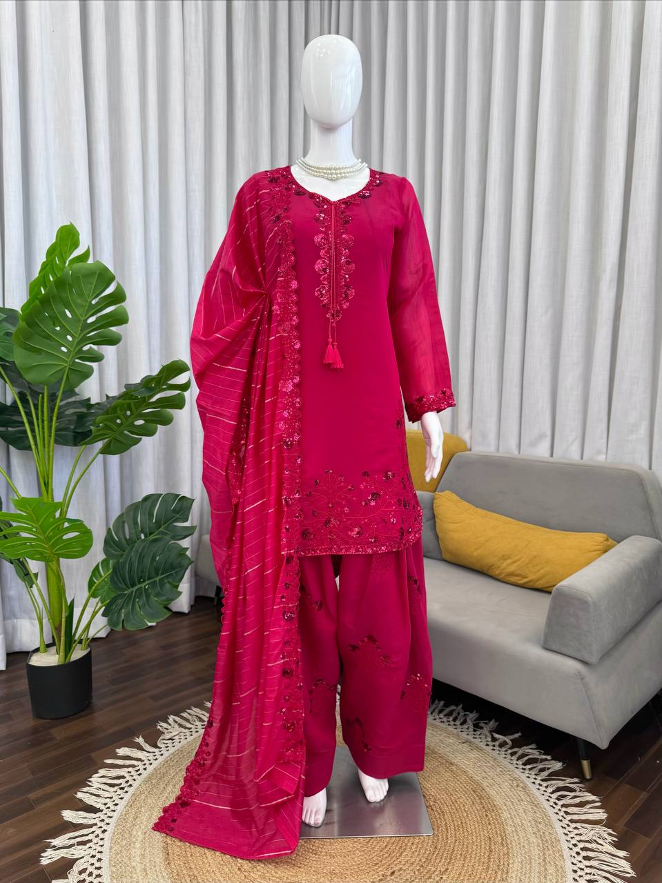 Prazu Fashion Pink Mull Chanderi Thread With Sequence Farshi Palazzo Suit