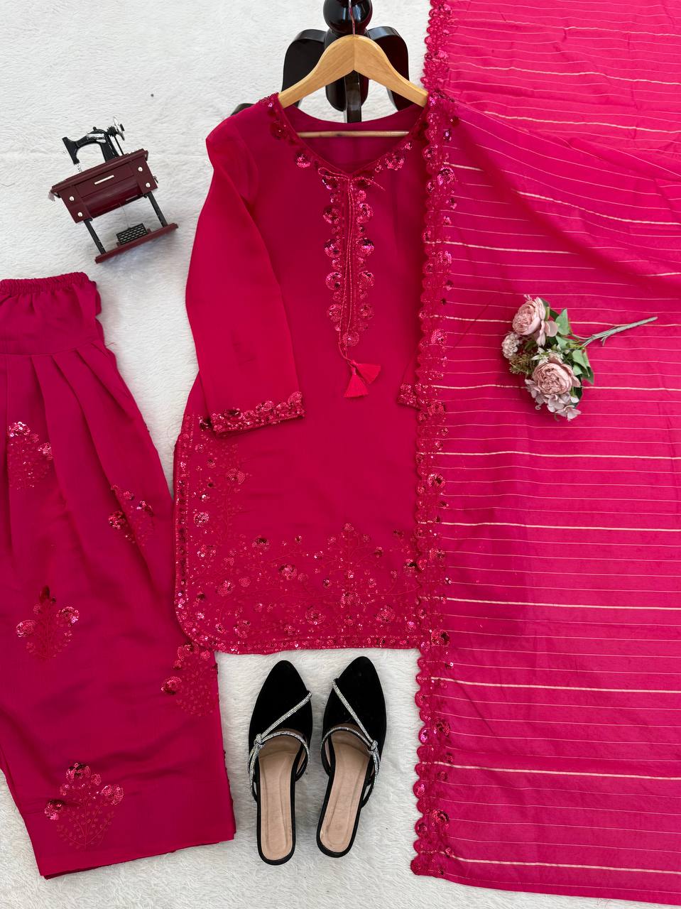 Prazu Fashion Pink Mull Chanderi Thread With Sequence Farshi Palazzo Suit