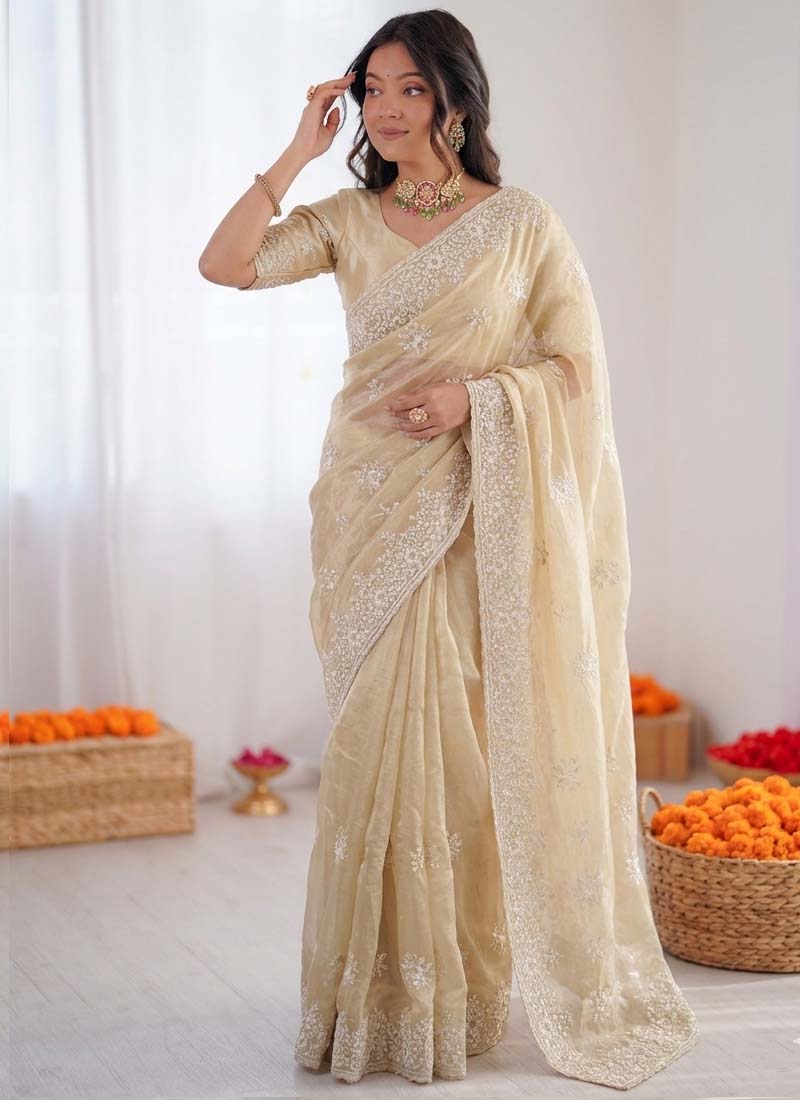 Prazu Fashion Cream Thread Work Organza Silk Party Wear Saree