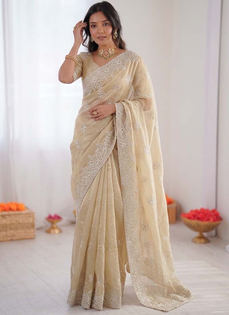 Prazu Fashion Cream Thread Work Organza Silk Party Wear Saree