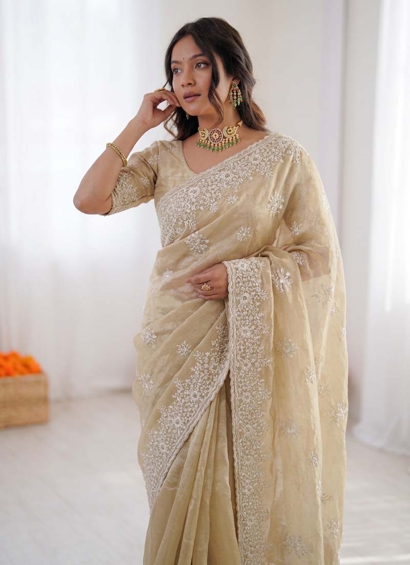 Prazu Fashion Cream Thread Work Organza Silk Party Wear Saree