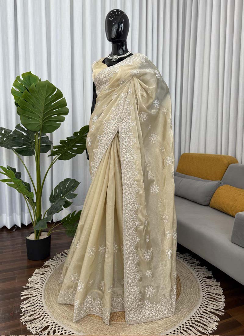Prazu Fashion Cream Thread Work Organza Silk Party Wear Saree