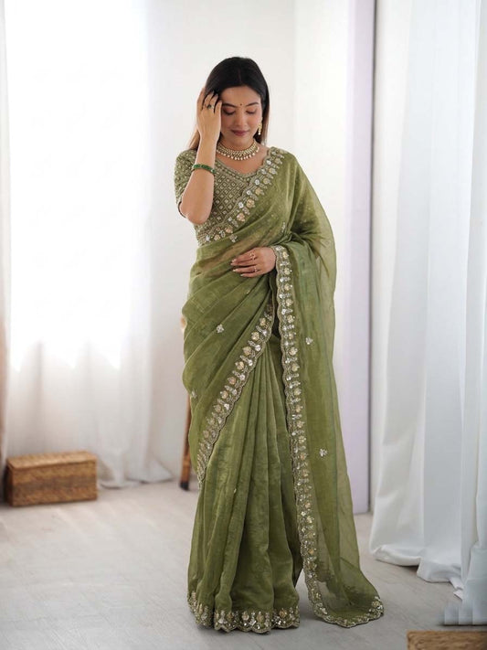 Prazu Fashion Mehendi Sequence Beds Work Organza Silk Party Wear Saree