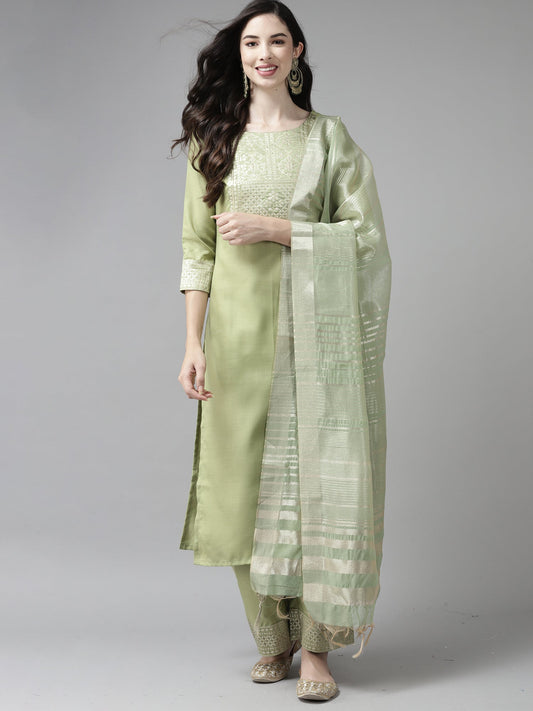 Indo Era Solid Green Straight Kurta Palazzo With Dupatta Set